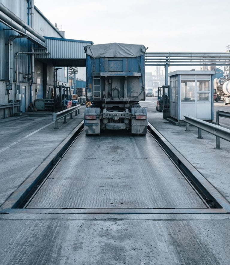Industrial heavy-duty truck scale, steel platform, technical daylight, sharp focus, cool blue tones, professional engineering depth.