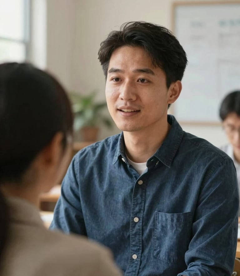 Medium close-up of an educator in a warm, collaborative learning environment, soft natural daylight, muted earth tones and deep blues, shallow depth of field.