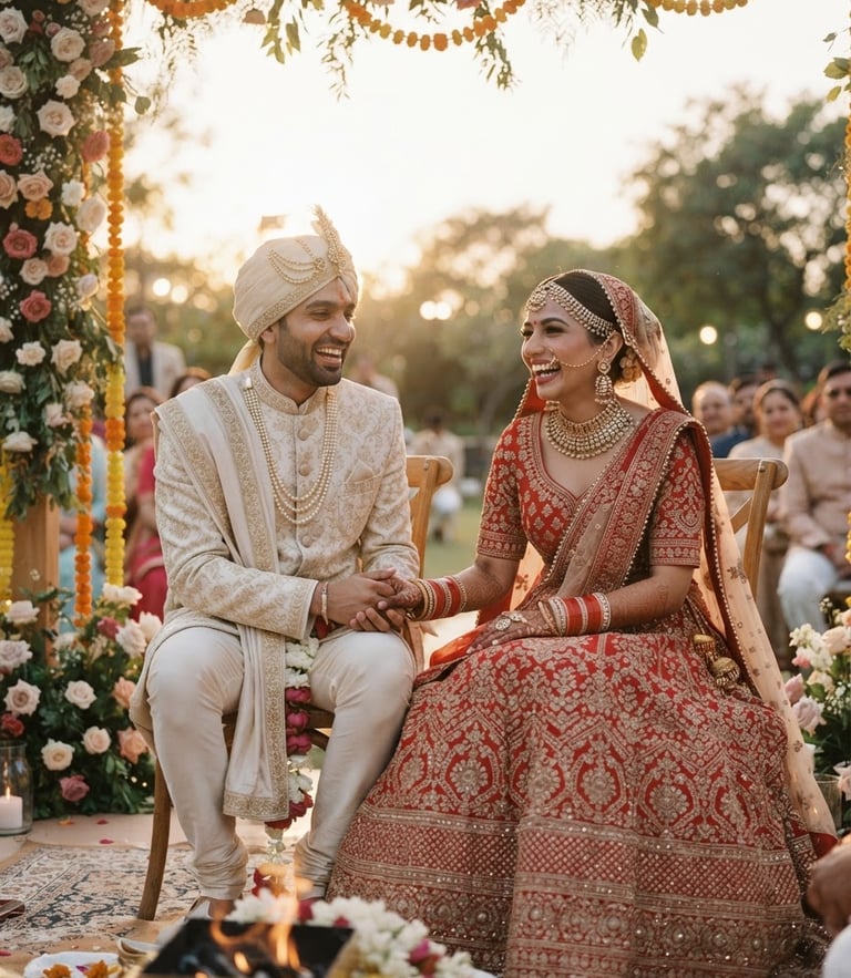 Warm editorial portrait of Dhruv and Japneet laughing together during their golden hour wedding ceremony, soft 35mm film look.
