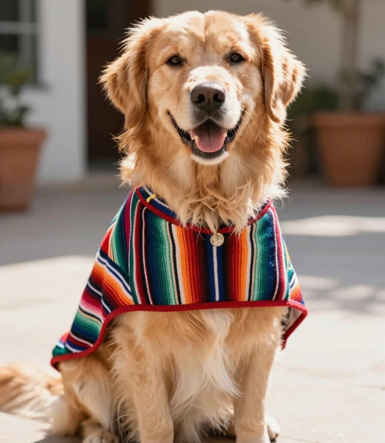 A happy fluffy golden retriever wearing a colorful woven Mexican-style pet poncho, sitting in bright warm daylight on a sunny patio, eye-level shot, shallow depth of field, 35mm