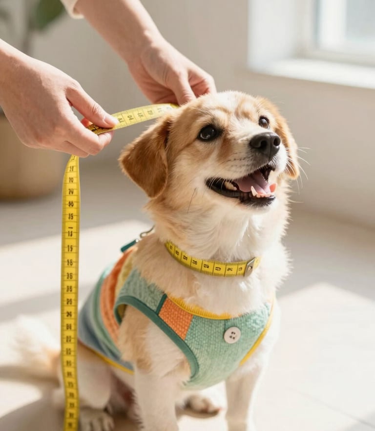 Bright natural light photography of a happy small dog being gently measured with a soft yellow measuring tape by its owner, warm cheerful tones, shallow depth of field, 35mm