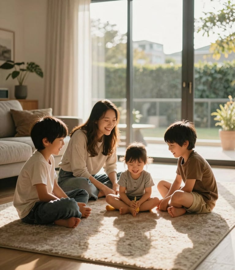 Warm natural sunlight streaming through a window of a modern home, a family laughing on a rug in the living room, shallow depth of field, 35mm lens style