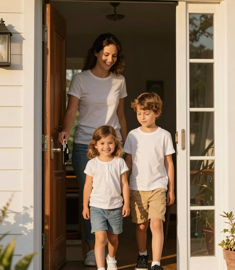 Warm editorial photography of a young family stepping through the front door of their sunlit home, keys in hand, shallow depth of field, golden hour light.