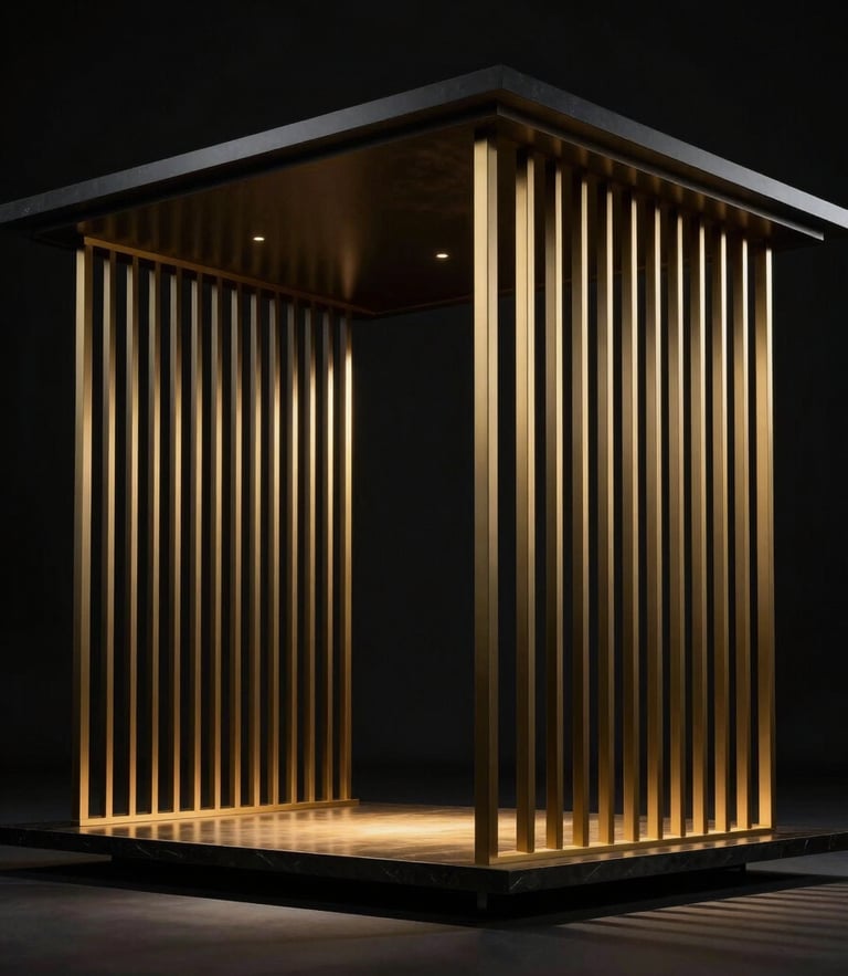 Abstract architectural lines of a modern luxury pavilion, dramatic low-key studio lighting, deep obsidian and gold tones, macro lens perspective.