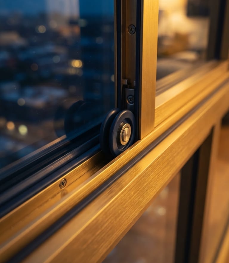 Macro close-up of a gold-anodized aluminium sliding window track, gleaming glass reflection, dramatic architectural lighting, sharp focus, luxury photography