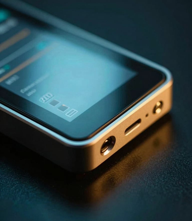 Close-up macro shot of a physical hardware wallet resting on a dark reflective surface, moody cyan and gold backlighting, sharp focus, 35mm