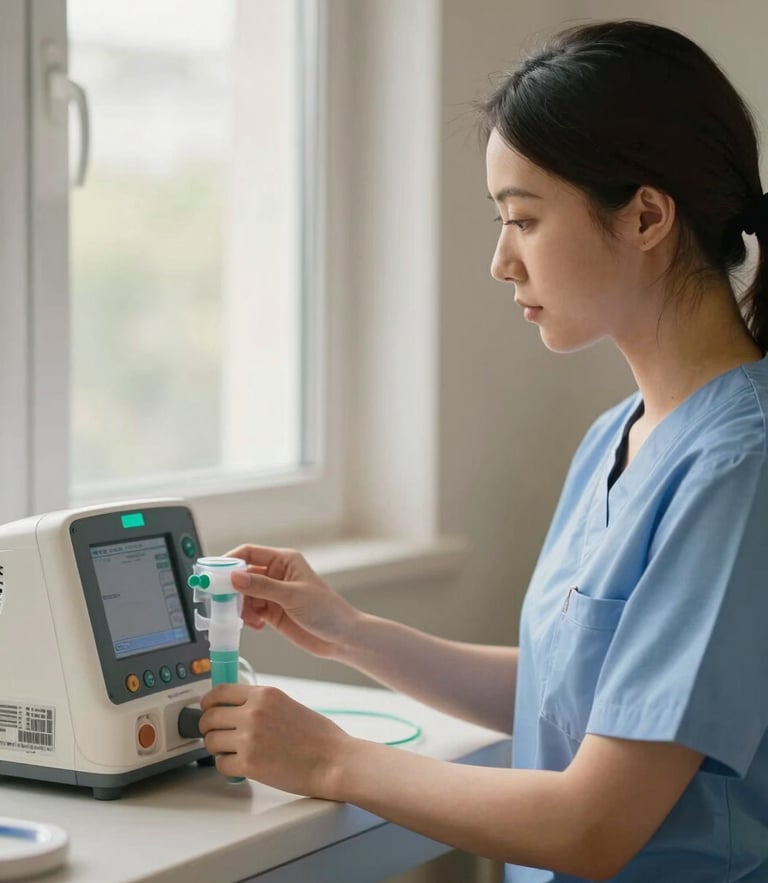 A professional female nurse in clean scrubs adjusting a home ventilator monitor under soft window light, warm tones, shallow depth of field