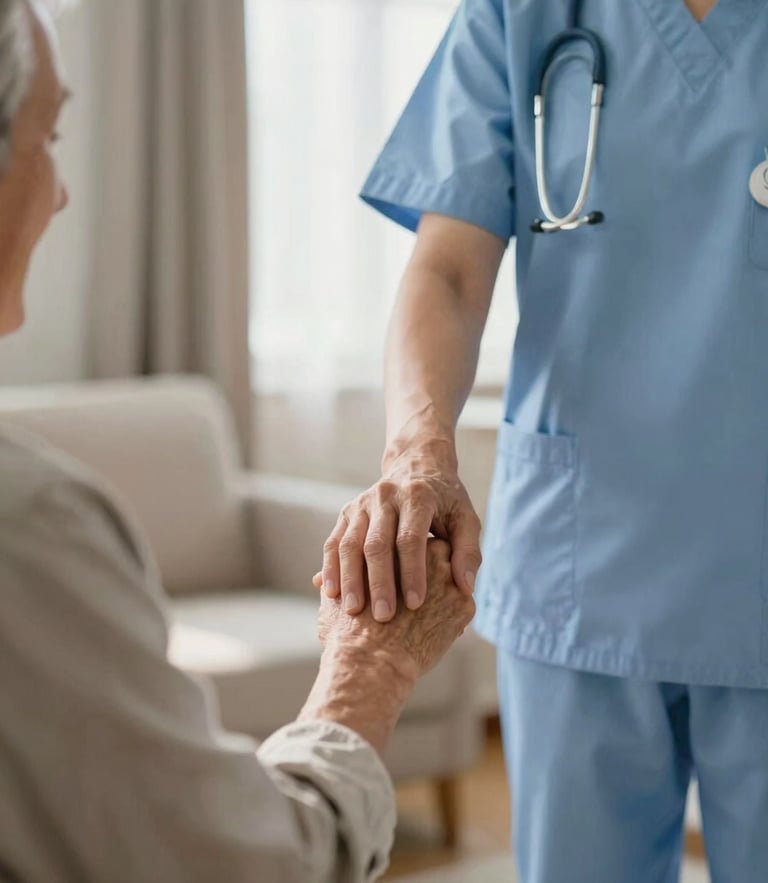 A certified nurse in clean blue scrubs gently holding an elderly patient's hand in a warm, sunlit living room, 35mm photography, soft lighting