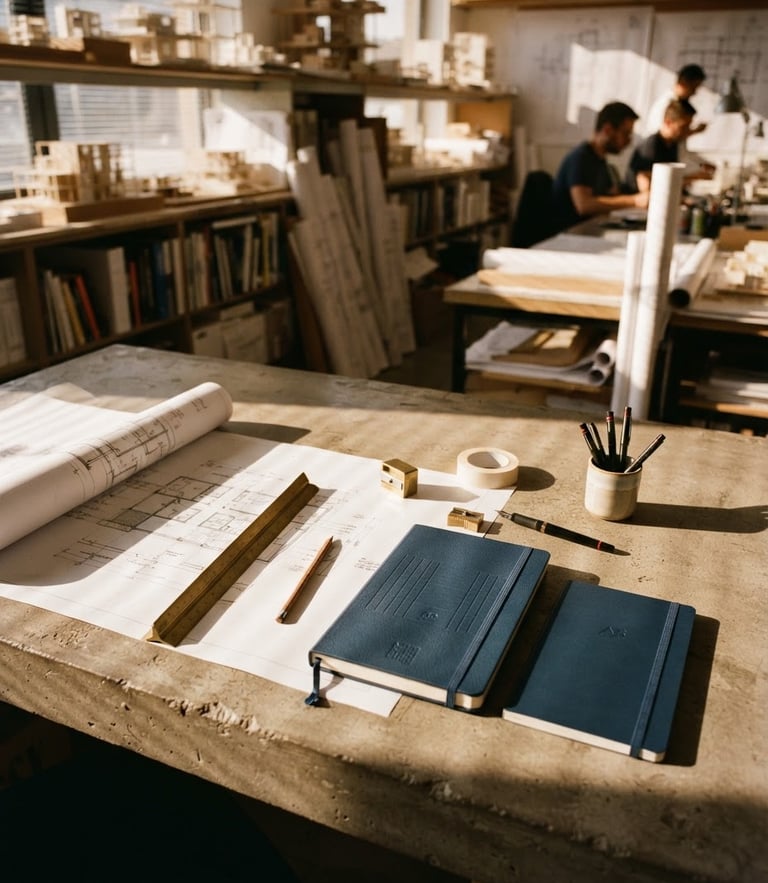 Architectural studio workspace with sharp geometric shadows, warm golden-hour light cutting across a concrete desk with embossed navy stationery, editorial 35mm photography