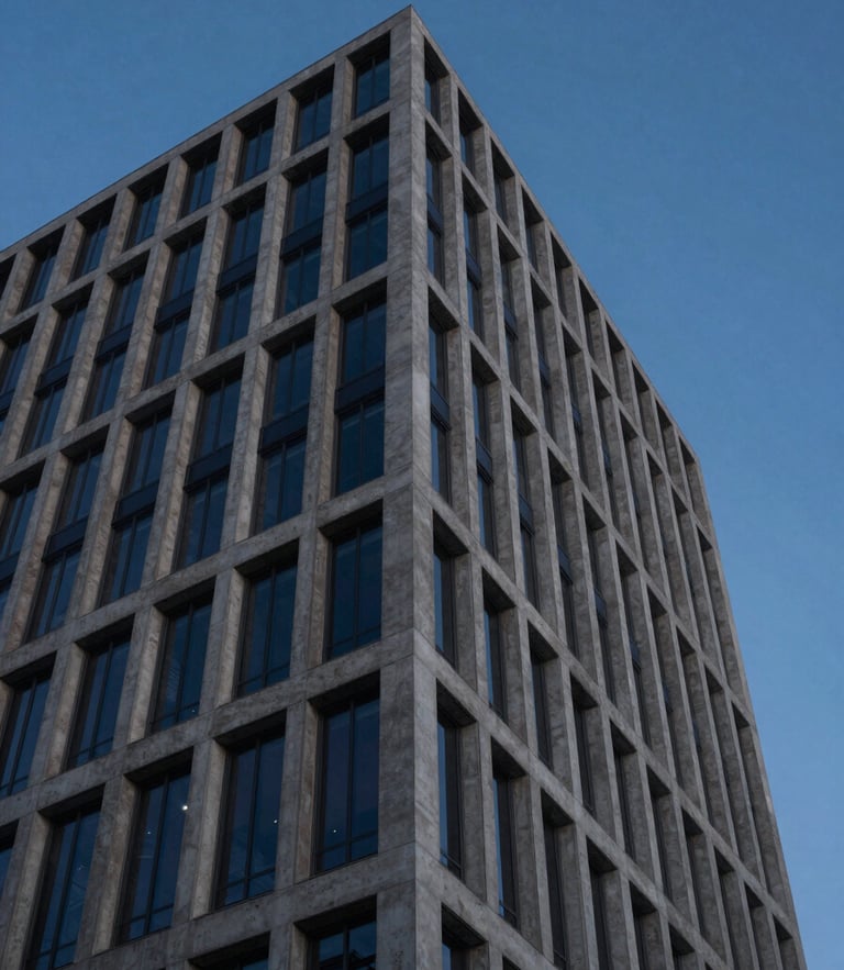 Sober architectural view of a modern financial tower corner, sharp concrete lines cutting into a deep blue dusk sky, low-key lighting.