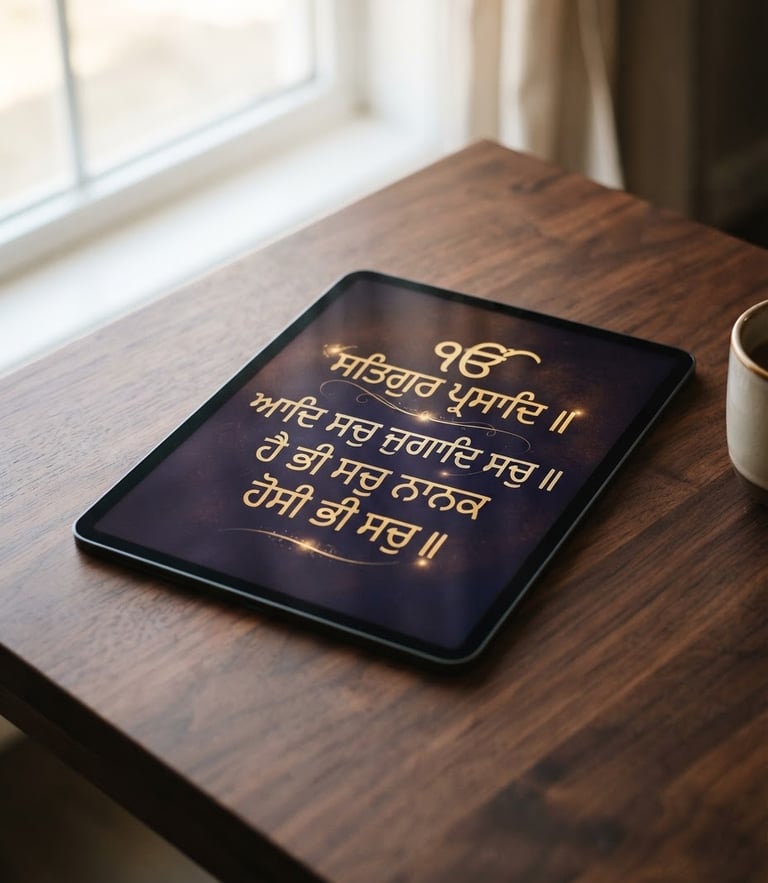 A modern tablet displaying elegant Gurmukhi script, resting on a dark wood table under soft window light