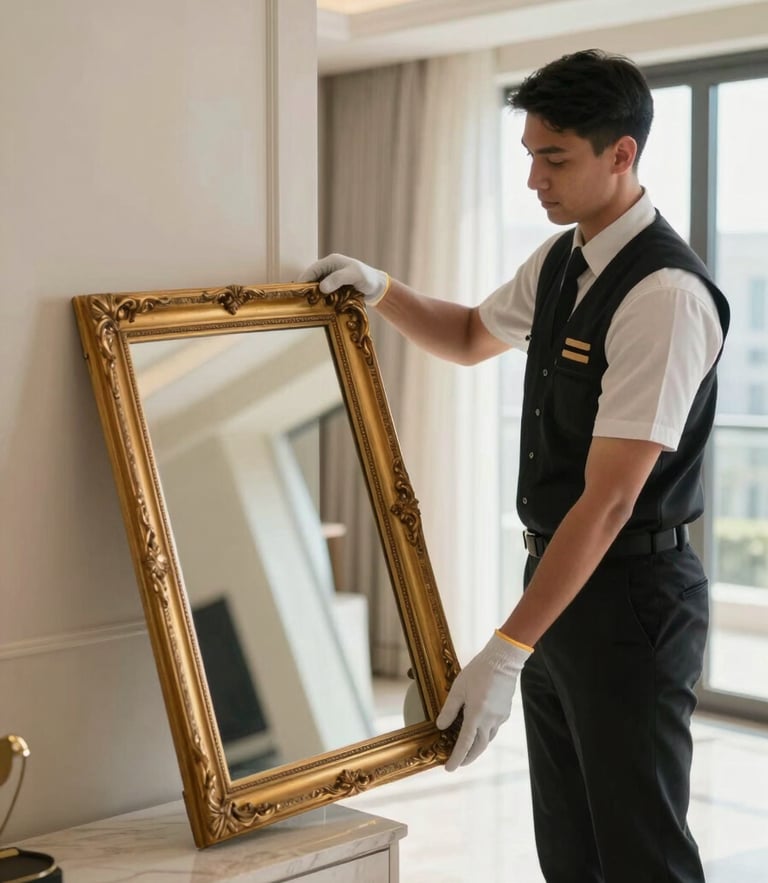 Crisp editorial photography of a uniformed professional mover wearing white gloves carefully handling a gilded mirror frame inside a bright, sunlit luxury Dubai penthouse.