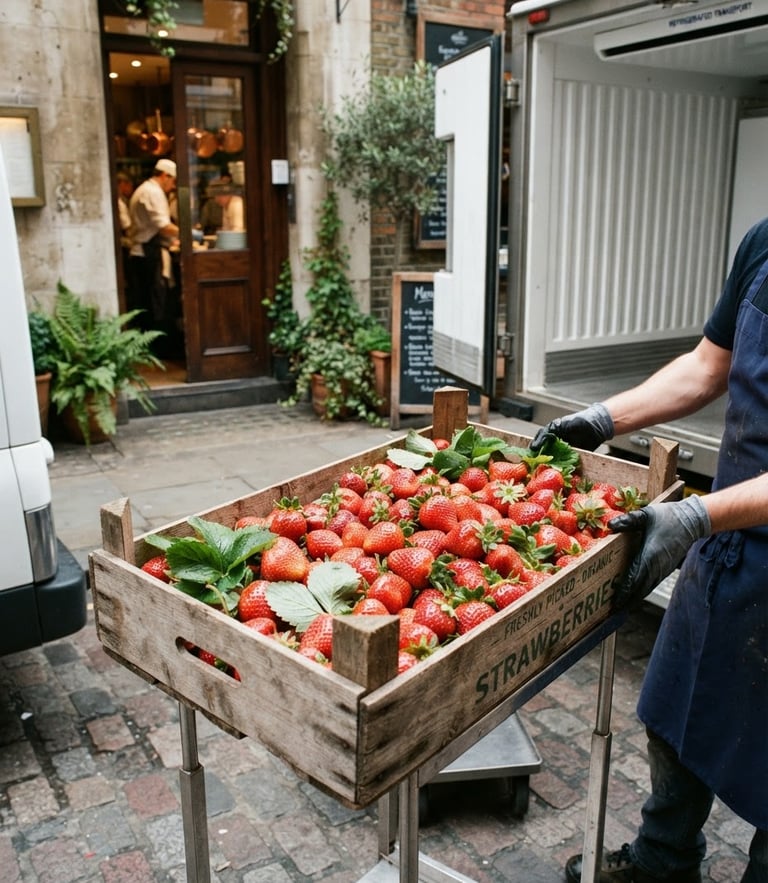 Crisp editorial photography of a refrigerated delivery truck parked outside a high-end restaurant kitchen in morning light, fresh strawberry crate visible, 35mm