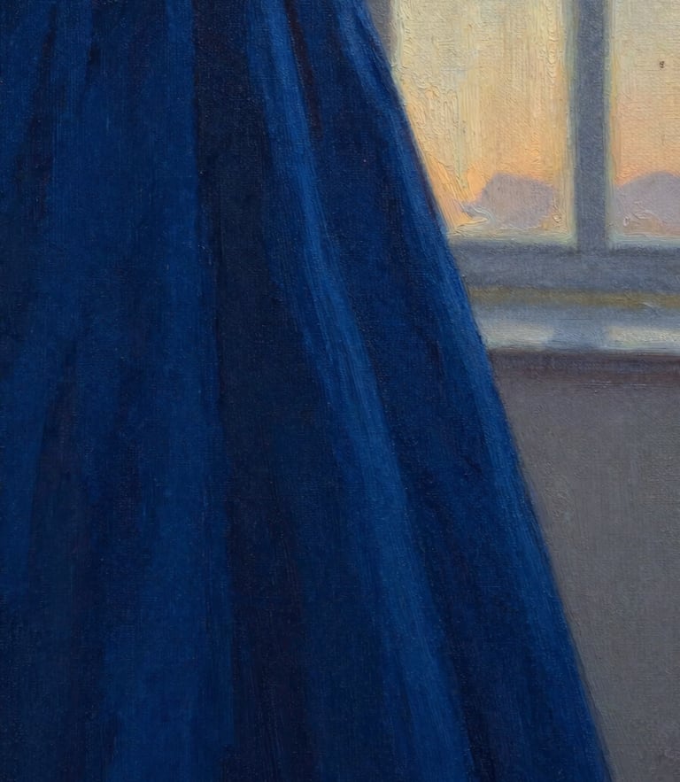Intimate close-up of an oil painting with rich canvas texture, deep Prussian blue and indigo tones, illuminated by a soft golden twilight glow