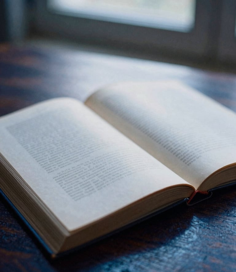 Close-up of an open, aged book with textured deckle-edge paper, resting on a dark wooden table in soft twilight window light, shallow depth of field.
