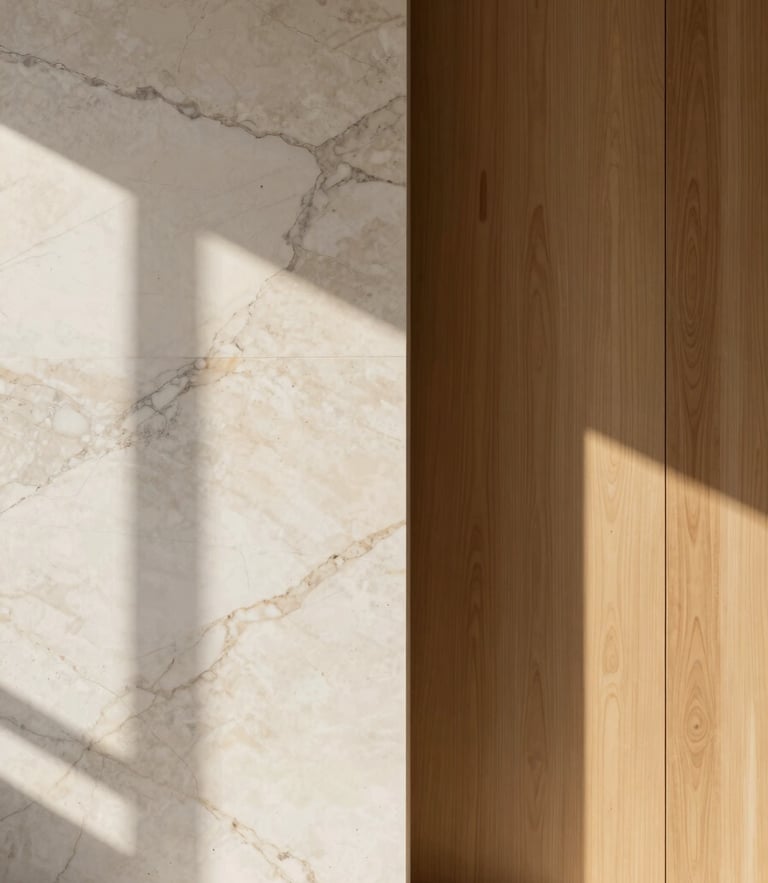 Elegant interior wall featuring natural marble panels and warm WPC wood cladding, soft morning sunlight casting long shadows, architectural minimalism