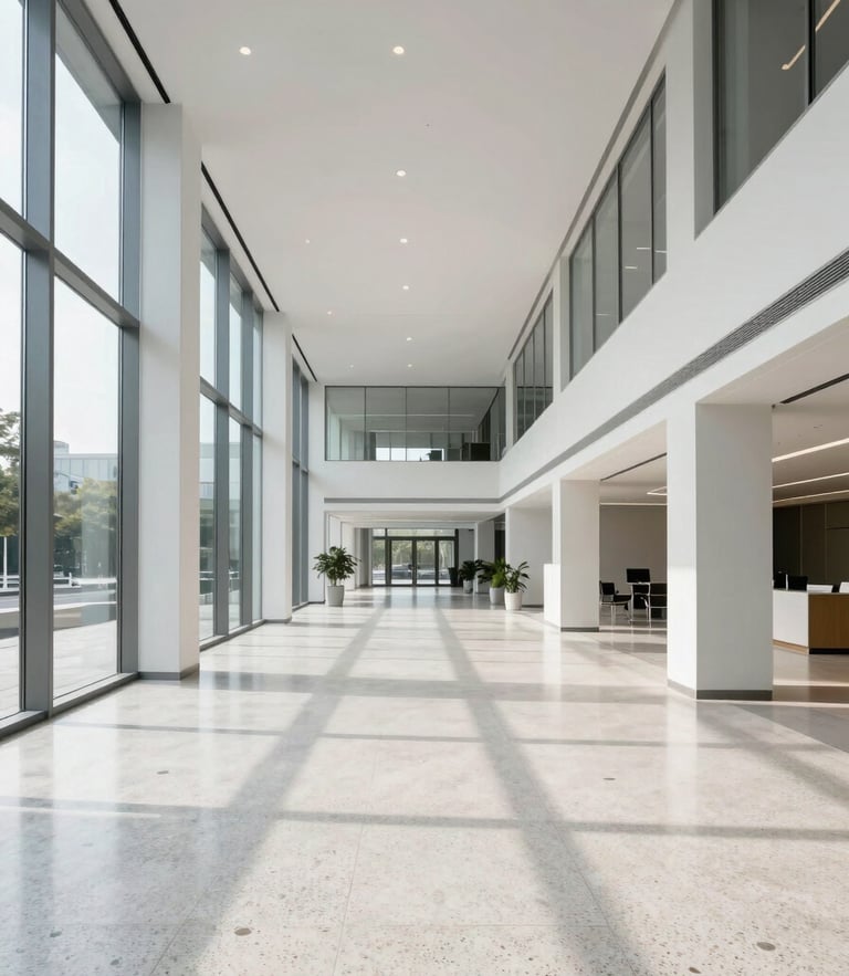 Wide architectural view of a bright, modern corporate lobby with clean terrazzo floors and minimalist glass partitions, natural daylight