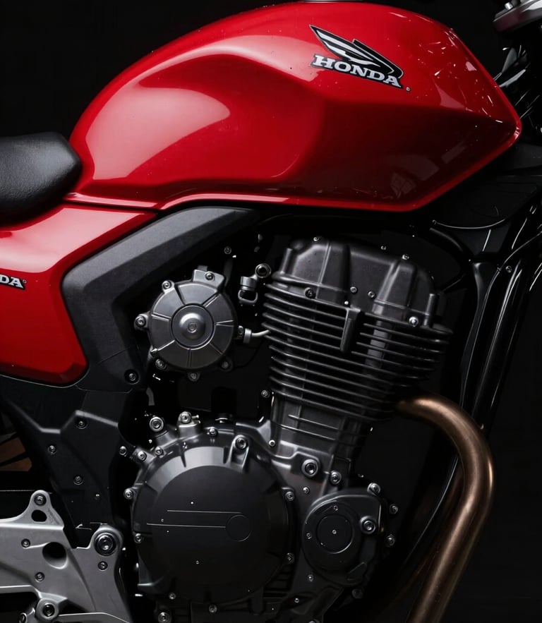 Close-up of a Honda motorcycle engine and fuel tank with vibrant red paint, dramatic studio lighting, high contrast, 85mm