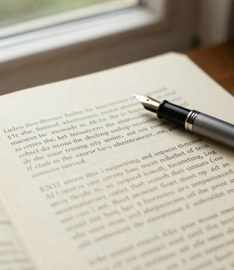 Close-up of a marked-up editorial draft on warm cream paper, fountain pen resting on the margin, soft natural window light, shallow depth of field