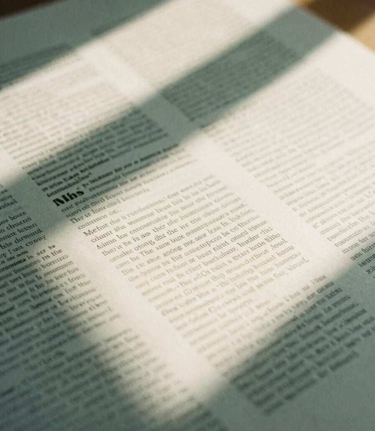 A close-up of a printed editorial layout on warm cream paper, soft natural daylight casting sharp architectural shadows, 35mm photography