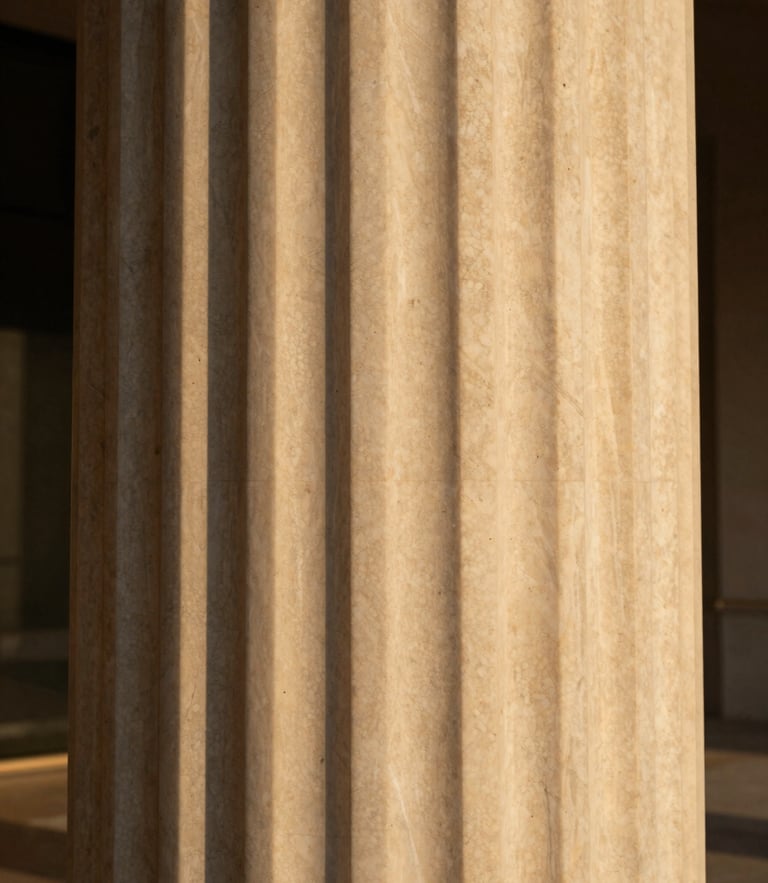 Extreme close-up of a minimalist travertine marble column in Dubai, warm golden-hour architectural daylight, rich desaturated tones, 35mm