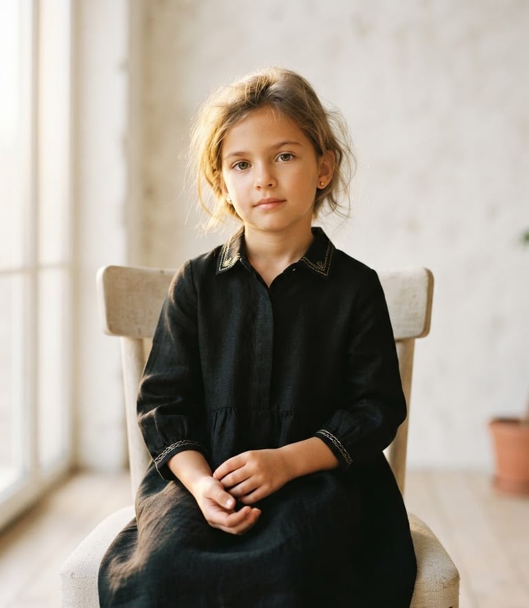 Elegant portrait of a child in a minimalist bright room, soft natural daylight with warm golden highlights, editorial fashion photography