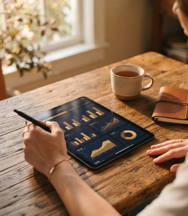 Close-up of a rustic wooden table with a tablet showing financial planning charts, hands holding a pen, soft morning light filtering through a window, warm tones.