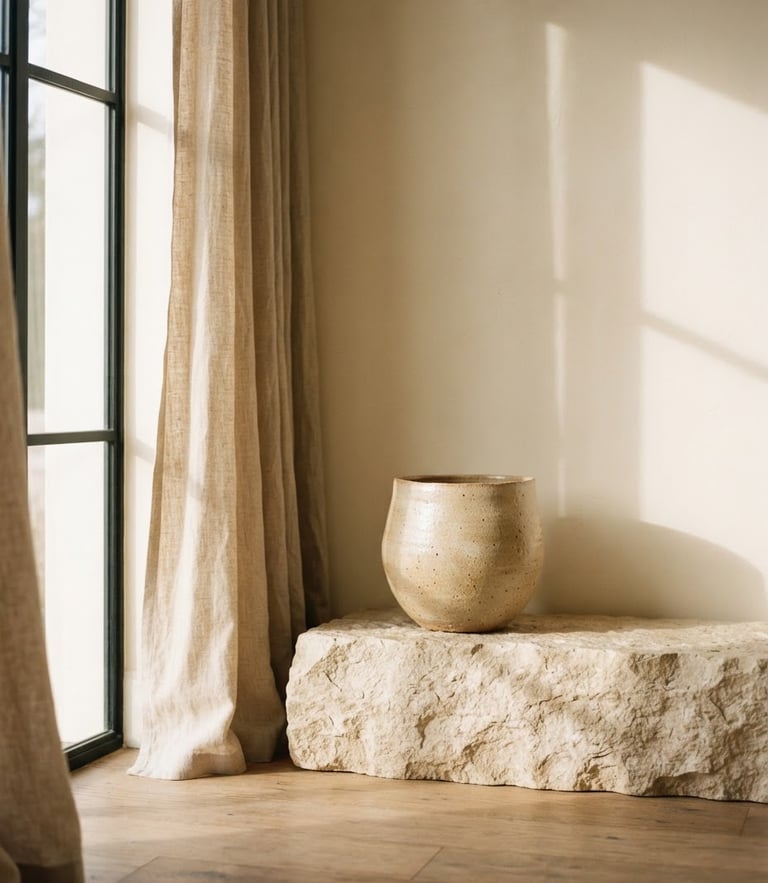 A minimalist sun-drenched interior corner with raw linen curtains, a single ceramic vessel on a textured stone plinth, soft morning window light with long gentle shadows, warm cream tones, 35mm photography.