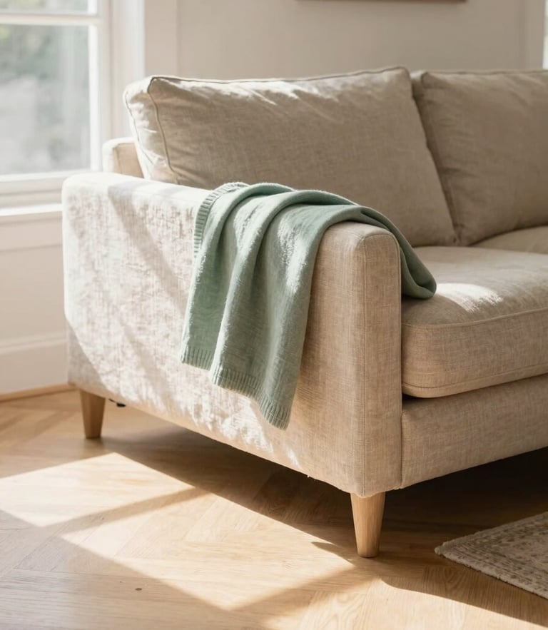 A sun-drenched immaculate living room with polished light oak floors, a linen sofa, and a soft sage green throw, warm diffused Oklahoma daylight
