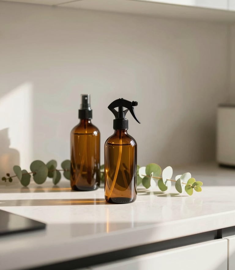 Sun-drenched immaculate kitchen counter with amber glass spray bottles and eucalyptus sprigs, bright editorial photography, 35mm