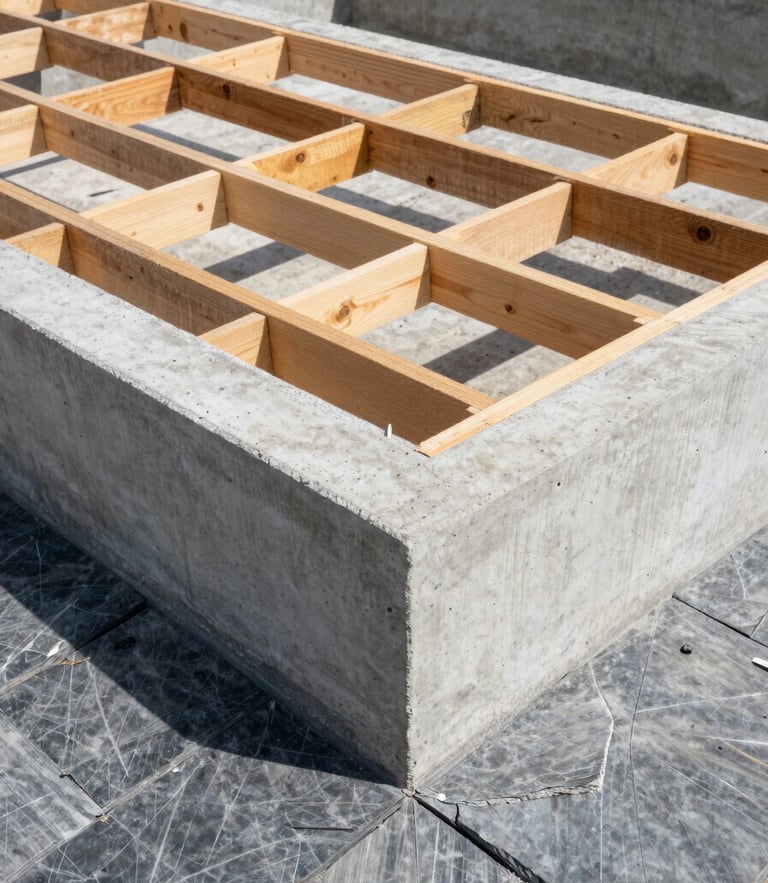 Crisp architectural photography of a freshly poured concrete foundation, sharp wooden formwork visible, bright direct Georgia sunlight casting crisp shadows, wide-angle lens.