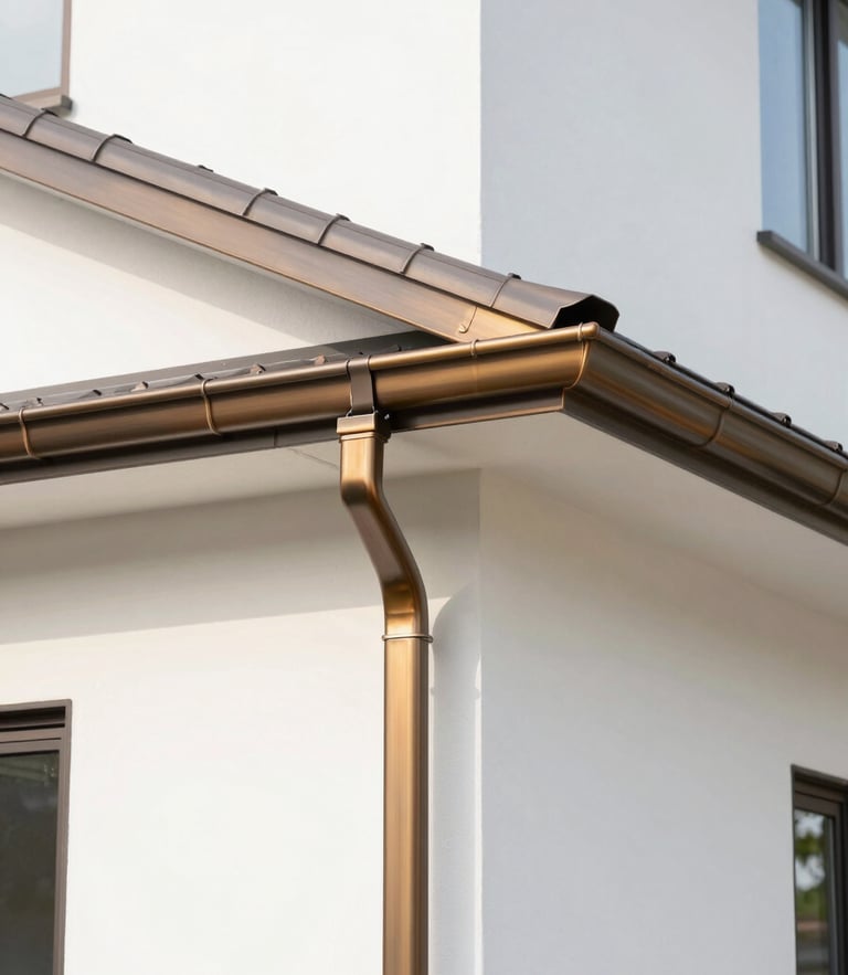 Close-up of a clean, perfectly aligned bronze-toned seamless gutter seam on a modern home exterior, sharp focus, natural daylight.