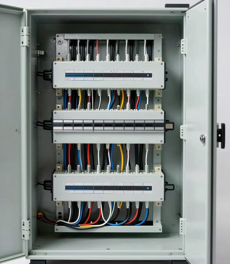 Technical straight-on shot of an open modular electrical panel, clean wiring paths, high-resolution metal thickness visible, bright neutral studio lighting, professional engineering layout.