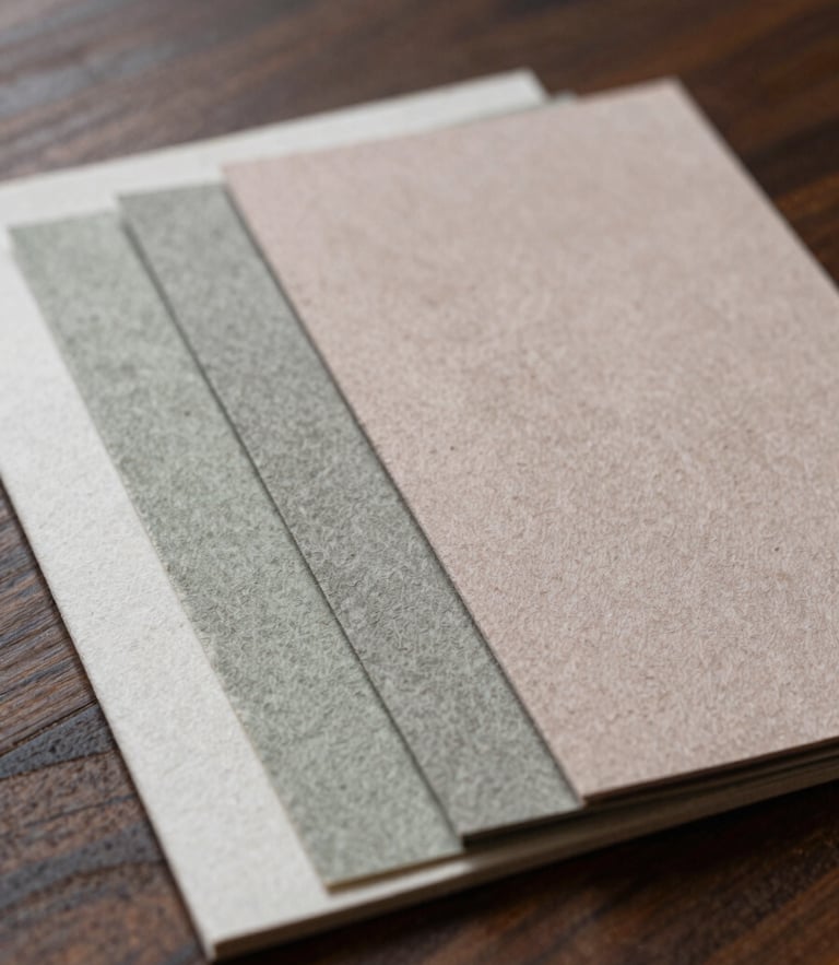 A close-up of textured handmade paper swatches in dusty sage and blush taupe resting on a dark wooden table in soft morning light.
