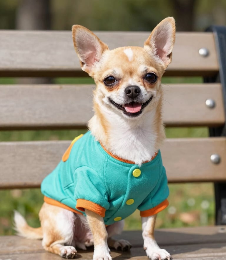 A happy small Chihuahua wearing a colorful handmade teal shirt, sitting proudly on a sunny park bench, eye-level vibrant pet photography, bright natural daylight.