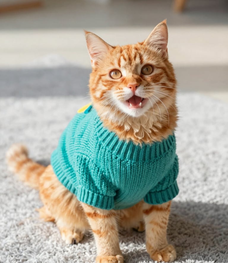 A happy fluffy orange cat wearing a colorful teal knitted sweater, sitting comfortably on a soft light gray rug, bright warm natural daylight