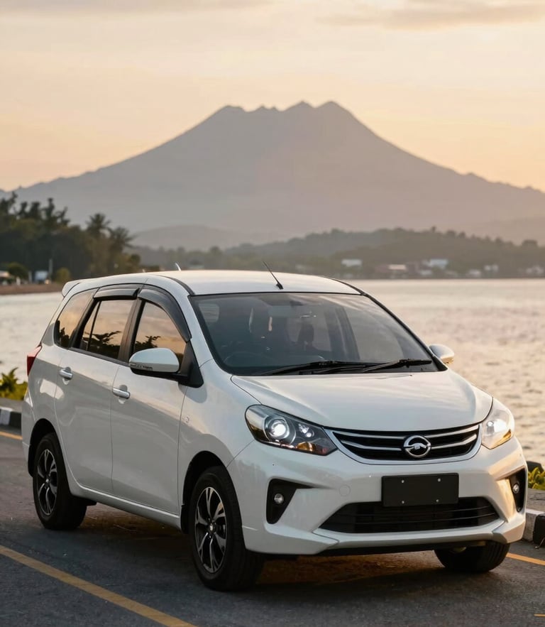 A clean Perodua Ativa parked on a coastal road in Kota Kinabalu, warm golden hour light reflecting off the windshield, Mount Kinabalu faint in the background.