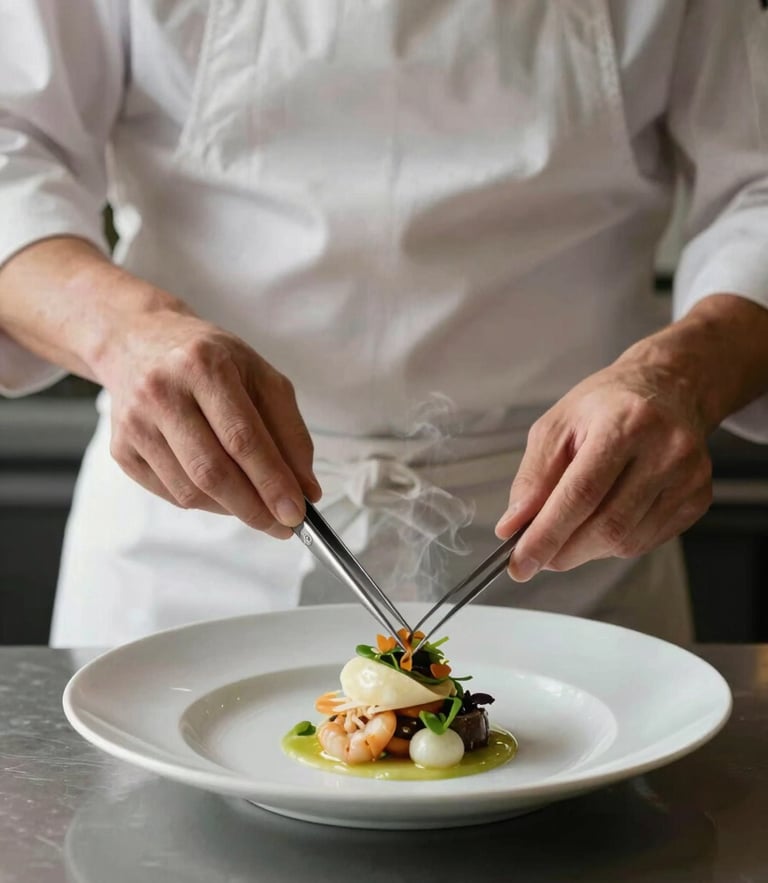 A chef in a clean linen apron carefully plating a delicate dish with tweezers, moody side-lighting highlighting the steam.