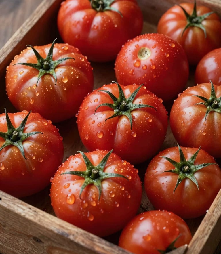 A rustic wooden crate overflowing with freshly washed heirloom tomatoes of various shapes and deep red colors, glistening with water droplets.