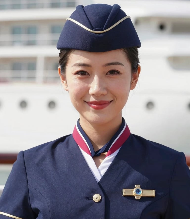 Close-up portrait of a professional female cruise receptionist in a sharp navy uniform, smiling confidently, bright natural daylight, 35mm.
