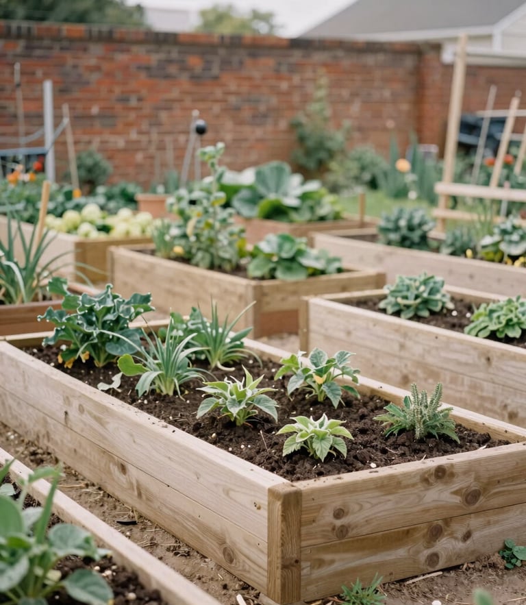 A quiet, sunlit community garden with wooden raised beds and a brick wall background, soft natural overcast light, documentary film style.