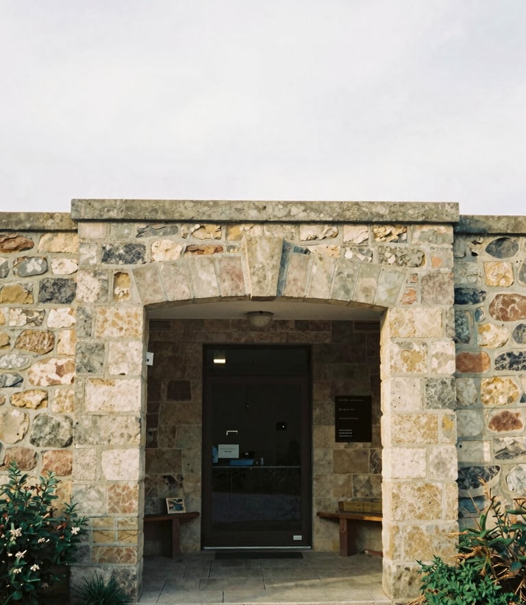 Medium-format film photo of an old stone community center entryway in soft overcast morning light, warm tones