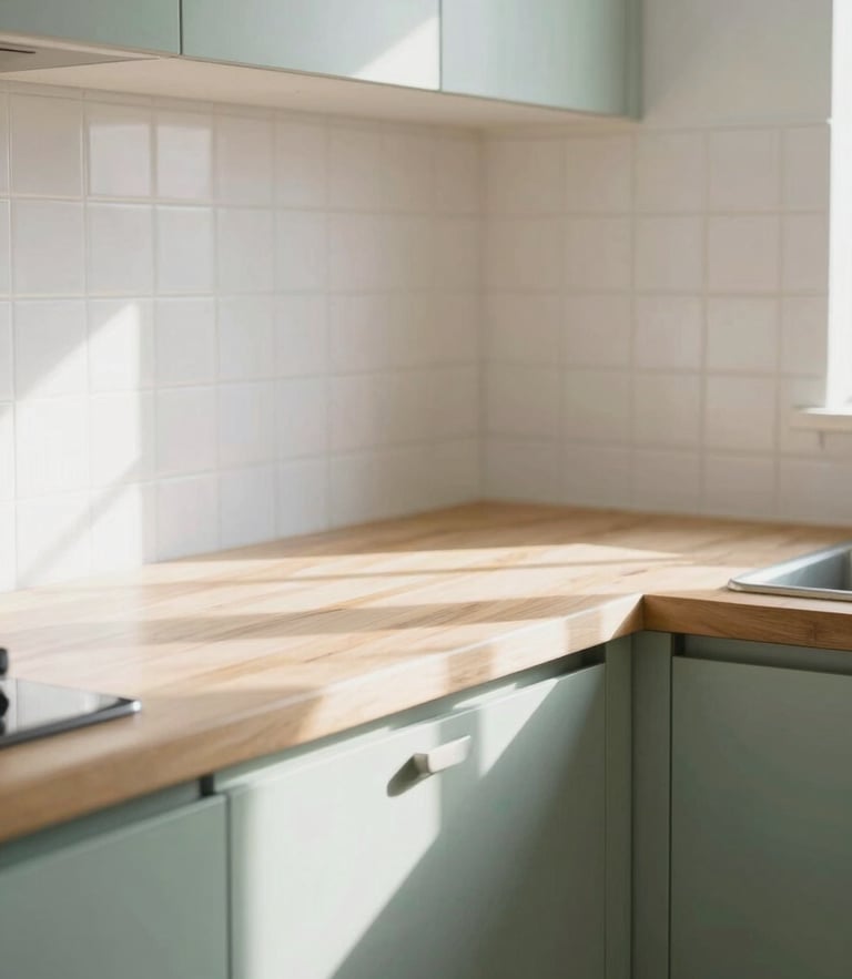 A bright, sunlit kitchen with a wooden countertop, soft morning light reflecting off clean tiles, natural sage green accents, 35mm photography
