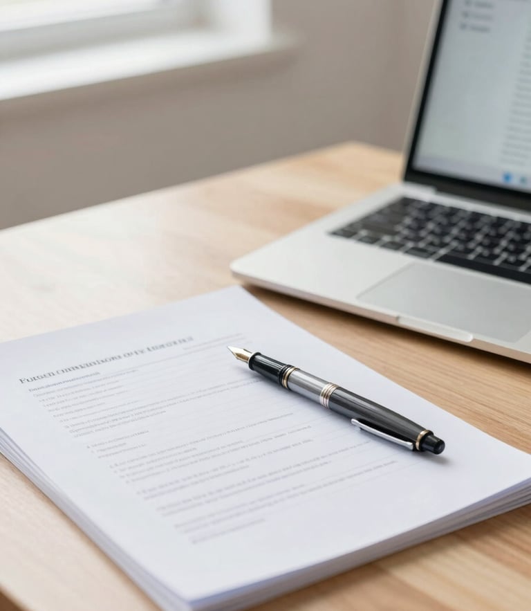 A close-up of a neat wooden desk with official documents, a fountain pen, and a laptop showing a clean interface, soft morning light from a window
