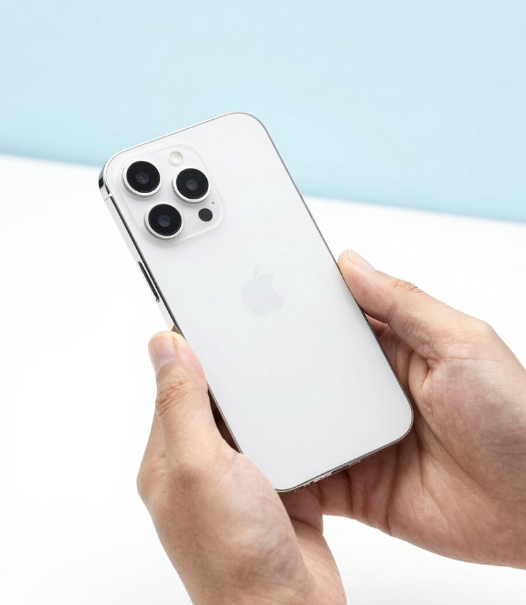 Hands of a technician holding a pristine refurbished smartphone, bright high-key product photography, clean white background, crisp studio light, sharp focus
