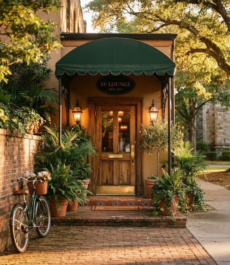 Cinematic warm-toned editorial shot of SV Lounge entrance in Tallahassee, golden hour sun casting soft shadows on the elegant doorway, 35mm film