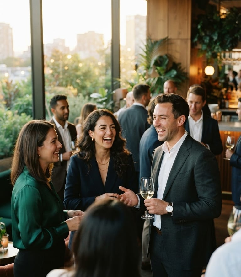 Cinematic warm-toned photo of well-dressed professionals laughing and socializing in natural daylight at SV Lounge, shallow depth of field, 35mm film