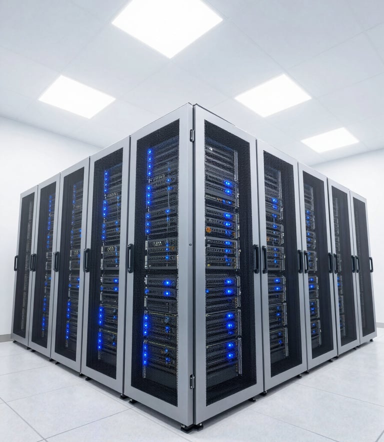 Bright high-key technology photography of a modern server room with clean electric blue LED indicators, crisp daylight pouring in, wide-angle architectural lens