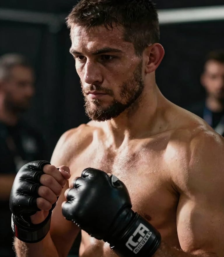 Cinematic side-lit portrait of an elite MMA fighter in deep focus backstage, hands wrapped, dark atmospheric background, high contrast chiaroscuro.