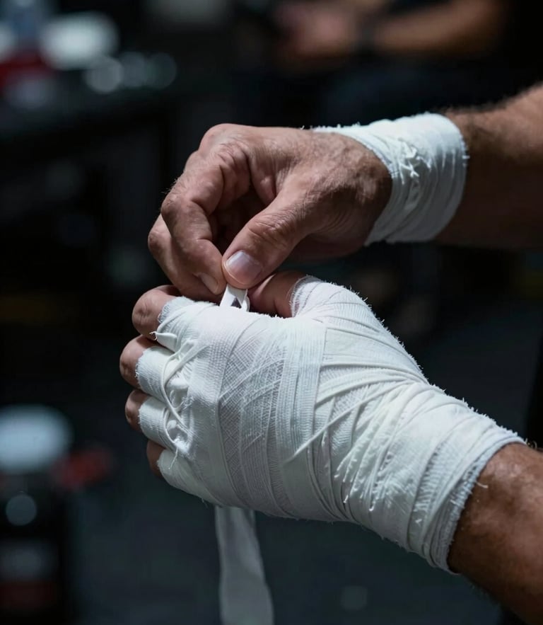 Close-up of a fighter's hands being tightly wrapped in white cotton tape backstage, dramatic low-key chiaroscuro lighting, cold side-light, dark atmospheric background.